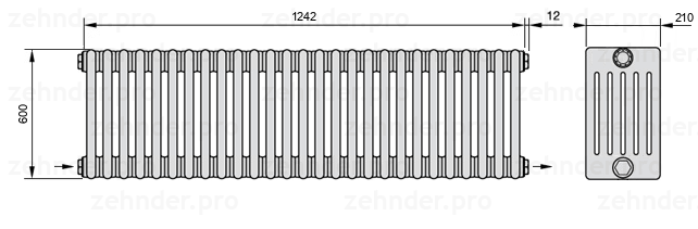 Схема (чертеж) Радиатор Zehnder Charleston 6060/27 №2670 Белый глянцевый RAL 9016